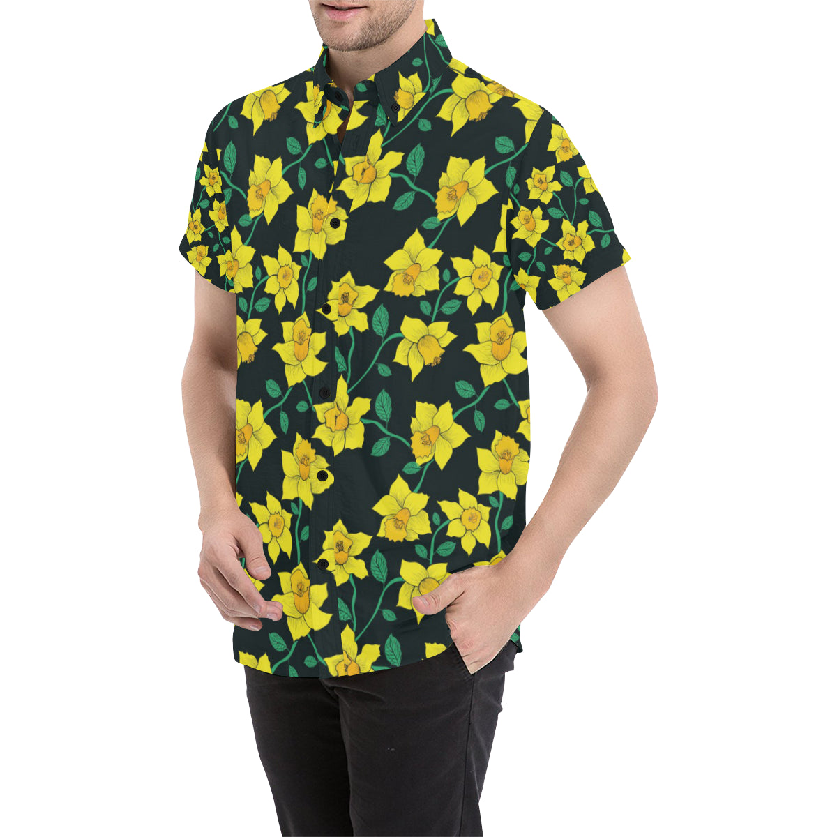 Daffodils Pattern Print Design DF03 Men's Short Sleeve Button Up Shirt