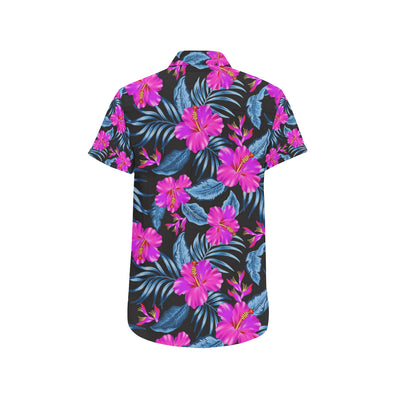 Neon Pink Hibiscus Pattern Print Design HB015 Men's Short Sleeve Button Up Shirt