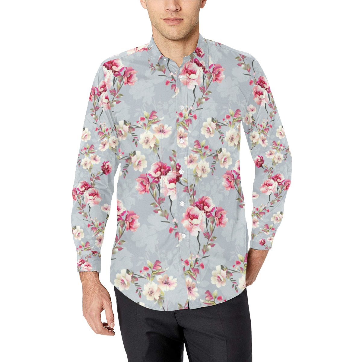 Summer Floral Pattern Print Design SF02 Men's Long Sleeve Shirt