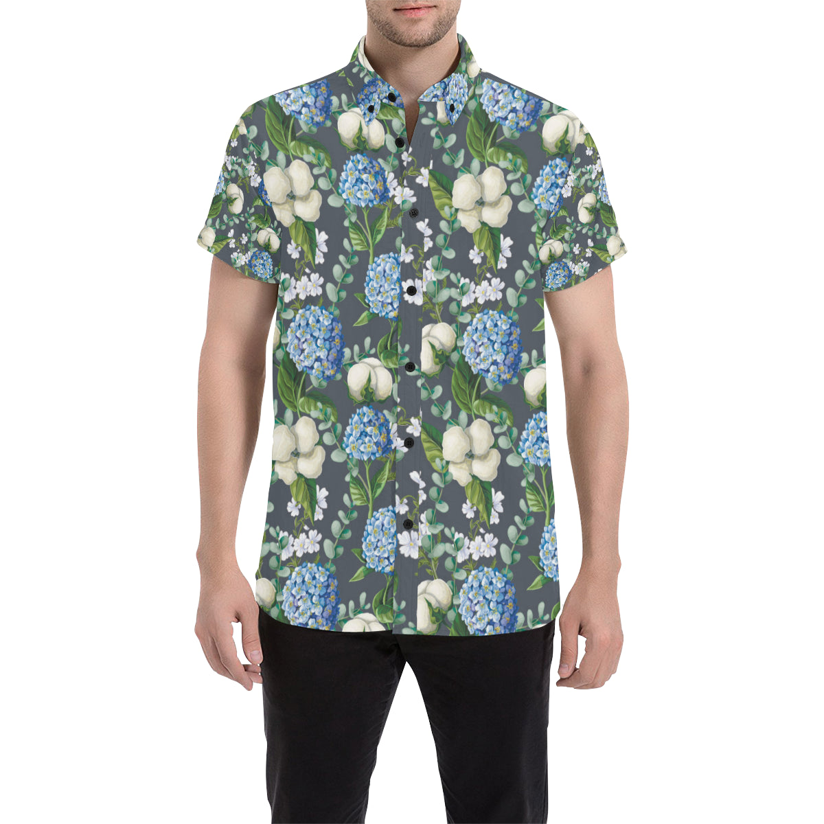 Hydrangea Pattern Print Design 02 Men's Short Sleeve Button Up Shirt