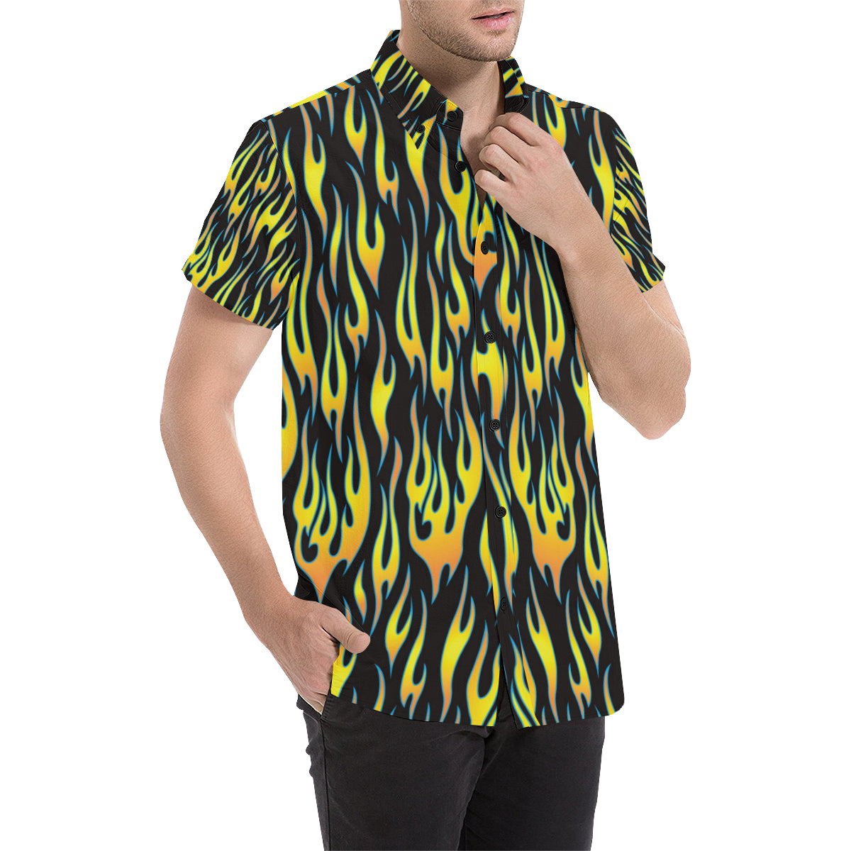 Flame Fire Yellow Pattern Men's Short Sleeve Button Up Shirt