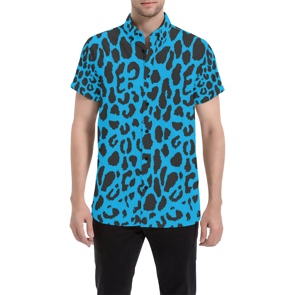 Cheetah Blue Print Pattern Men's Short Sleeve Button Up Shirt