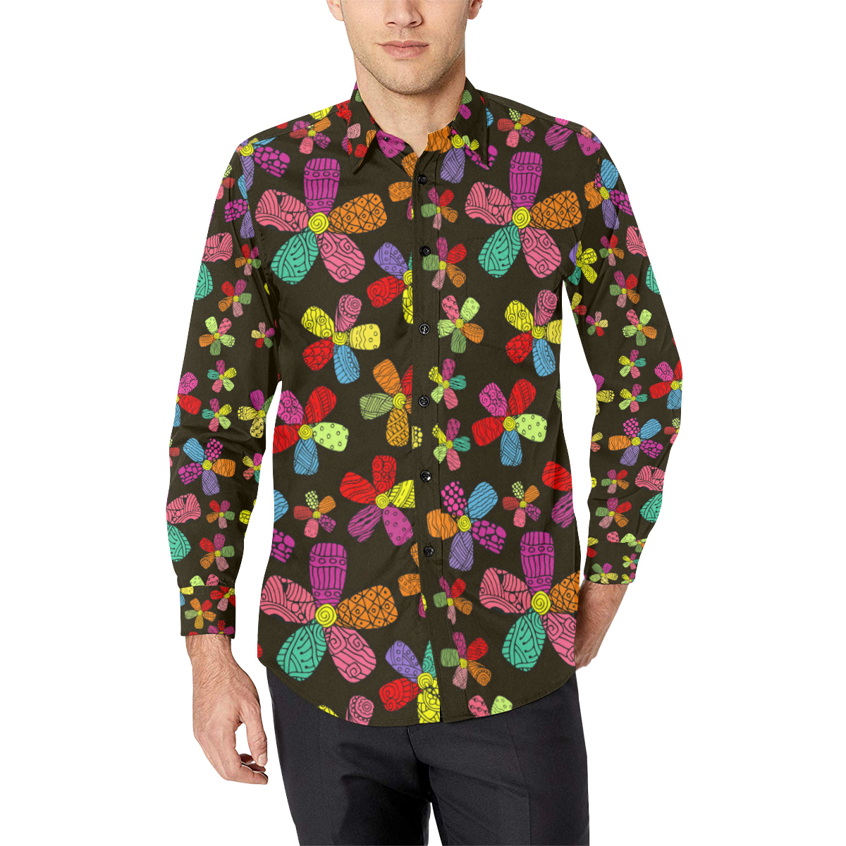 Flower Power Colorful Print Pattern Men's Long Sleeve Shirt