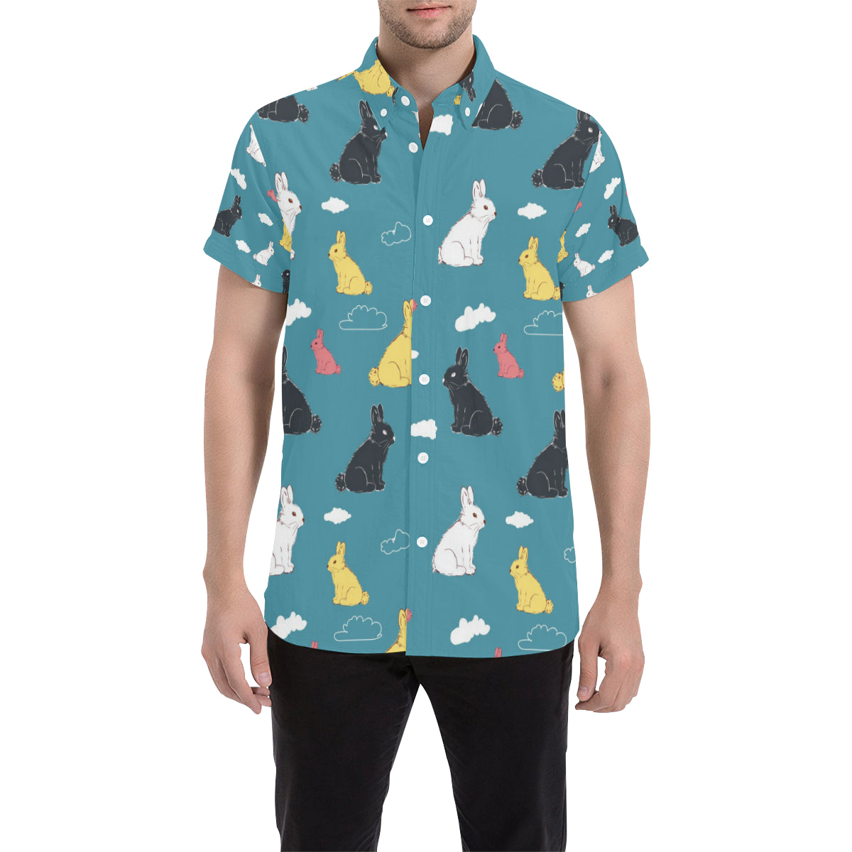Rabbit Pattern Print Design RB014 Men's Short Sleeve Button Up Shirt