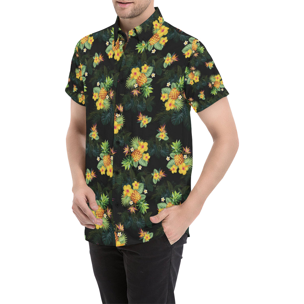 Pineapple Tropical Flower Print Pattern Men's Short Sleeve Button Up Shirt