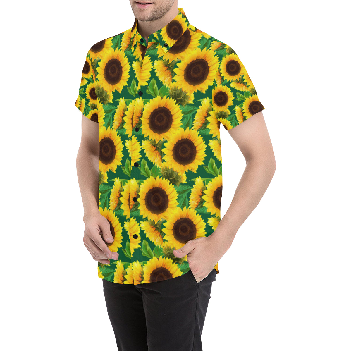 Sunflower Pattern Print Design SF02 Men's Short Sleeve Button Up Shirt
