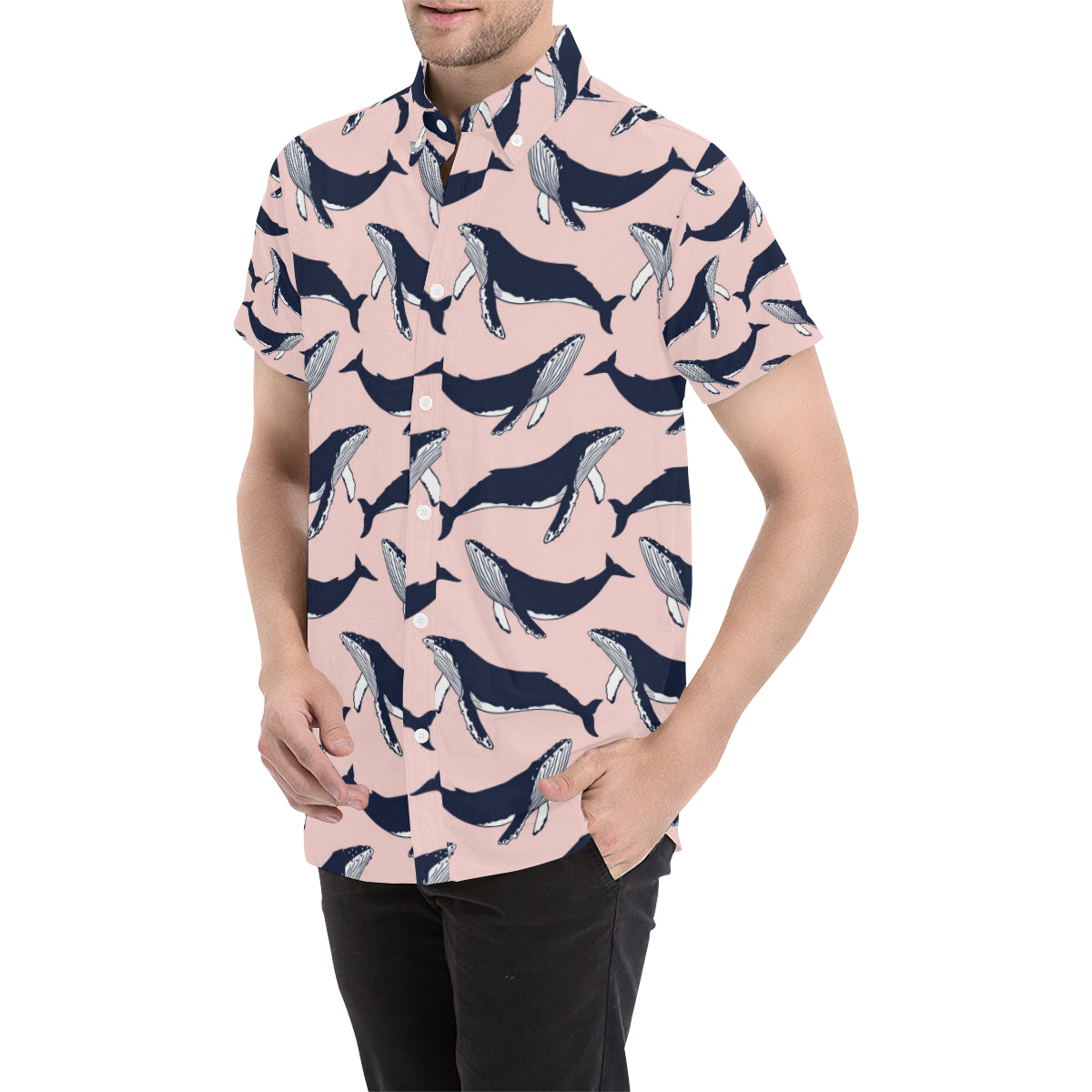 Humpback Whale Pattern Print Design 02 Men's Short Sleeve Button Up Shirt