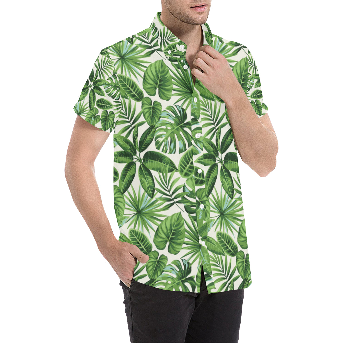 Tropical Flower Pattern Print Design TF013 Men's Short Sleeve Button Up Shirt