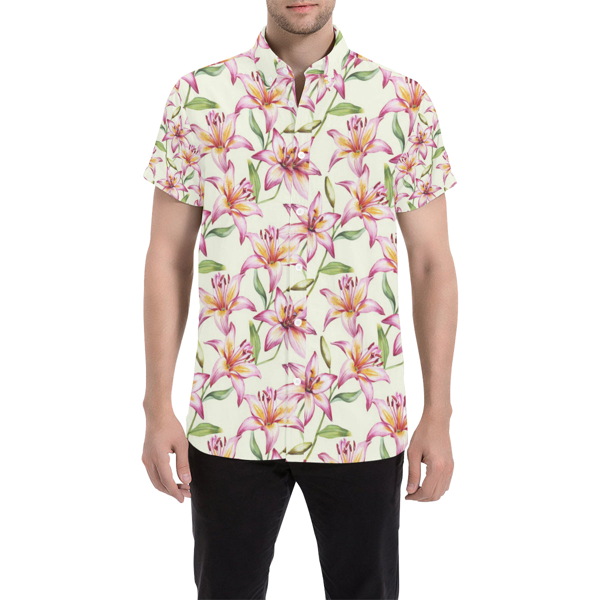 Lily Pattern Print Design LY011 Men's Short Sleeve Button Up Shirt