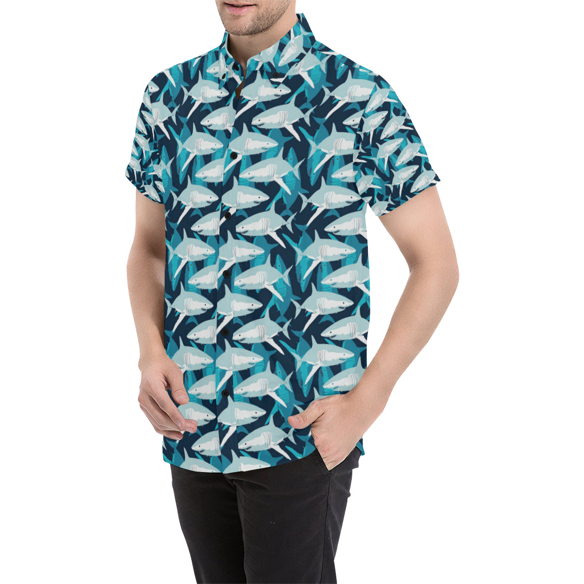 Shark Design Print Men's Short Sleeve Button Up Shirt