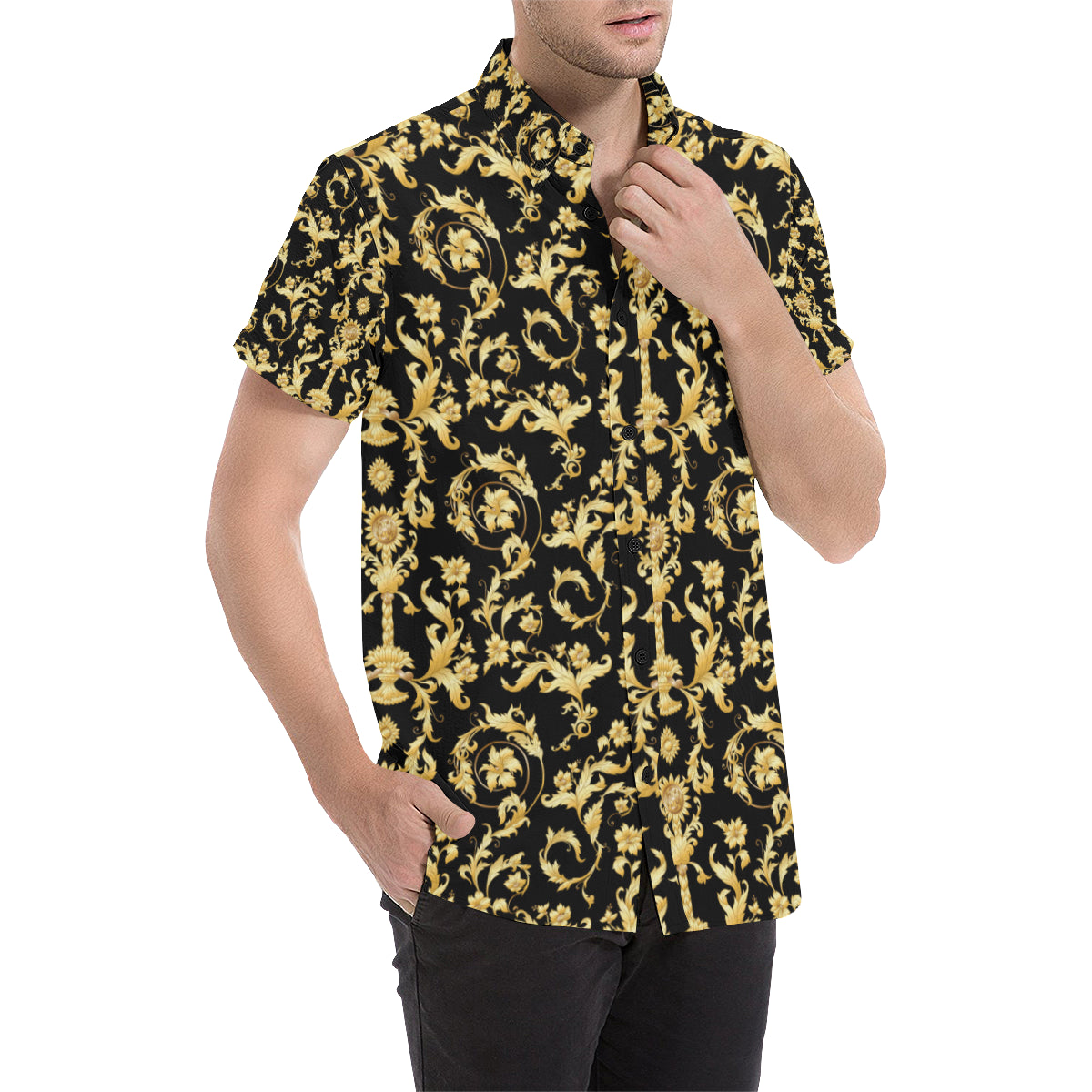 Baroque Golden Pattern Print Design 04 Men's Short Sleeve Button Up Shirt