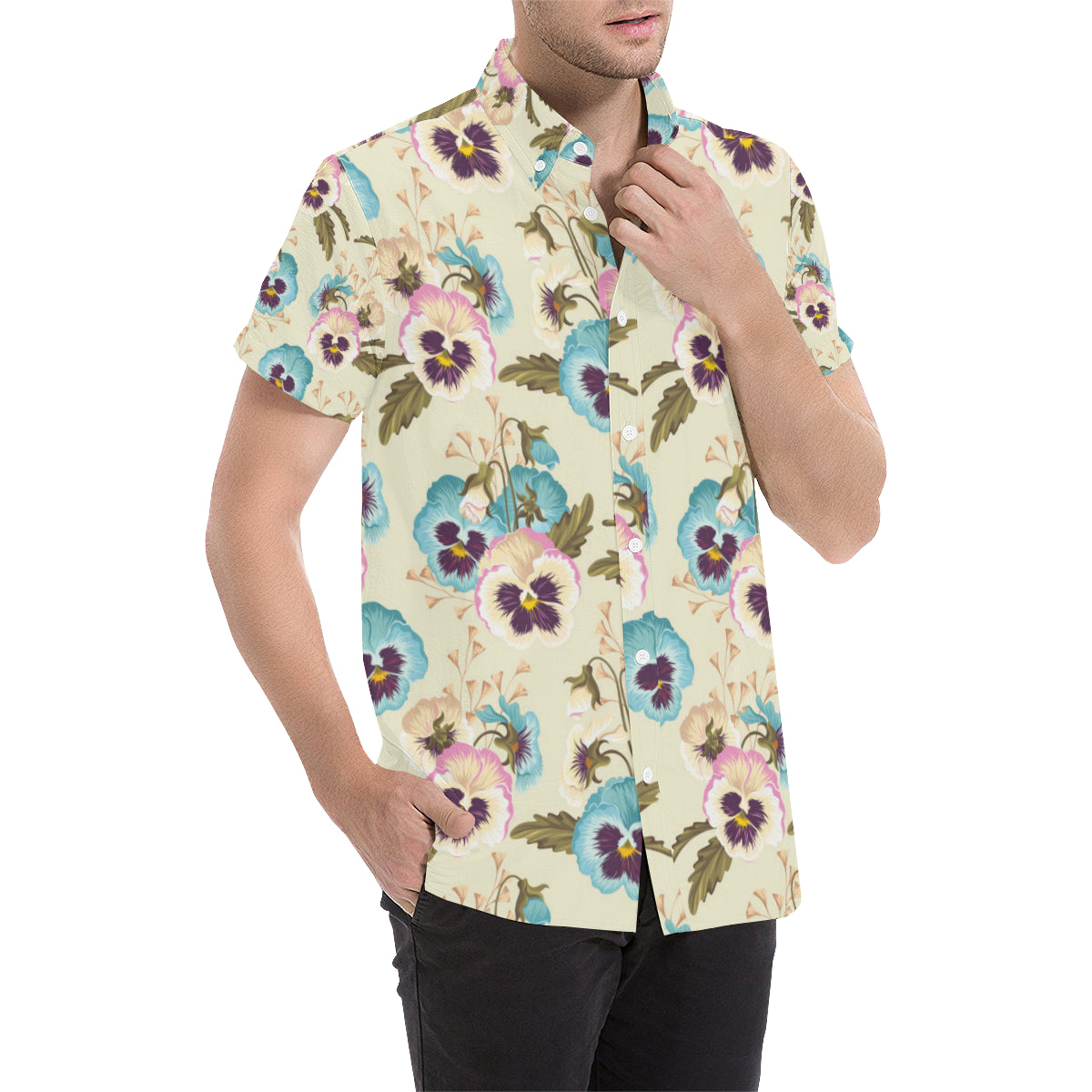 Pansy Pattern Print Design A02 Men's Short Sleeve Button Up Shirt