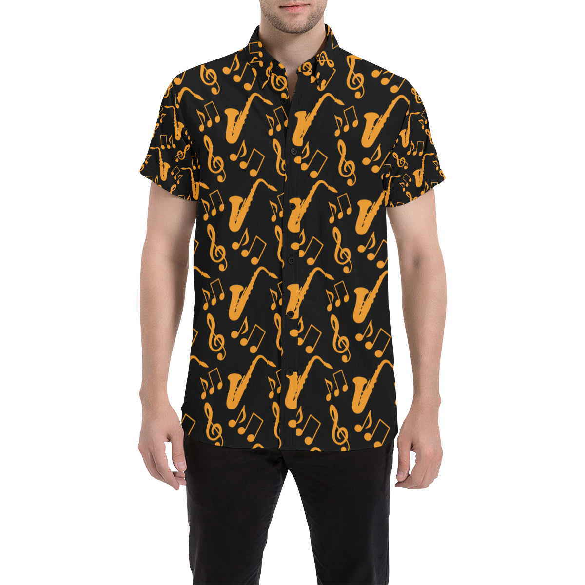 Saxophone Pattern Print Design 02 Men's Short Sleeve Button Up Shirt
