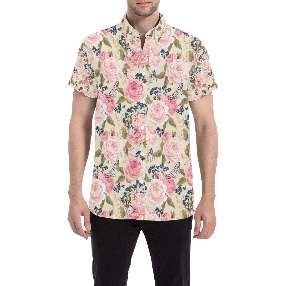 Floral Pink Butterfly Print Men's Short Sleeve Button Up Shirt