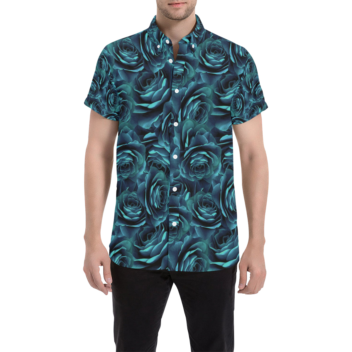 Camellia Pattern Print Design CM04 Men's Short Sleeve Button Up Shirt