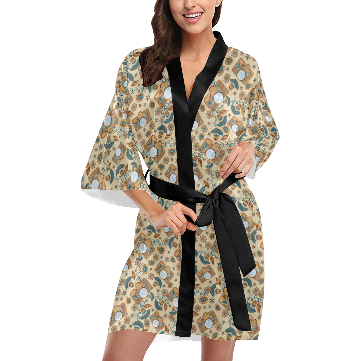 Camera Pattern Print Design 05 Women's Short Kimono