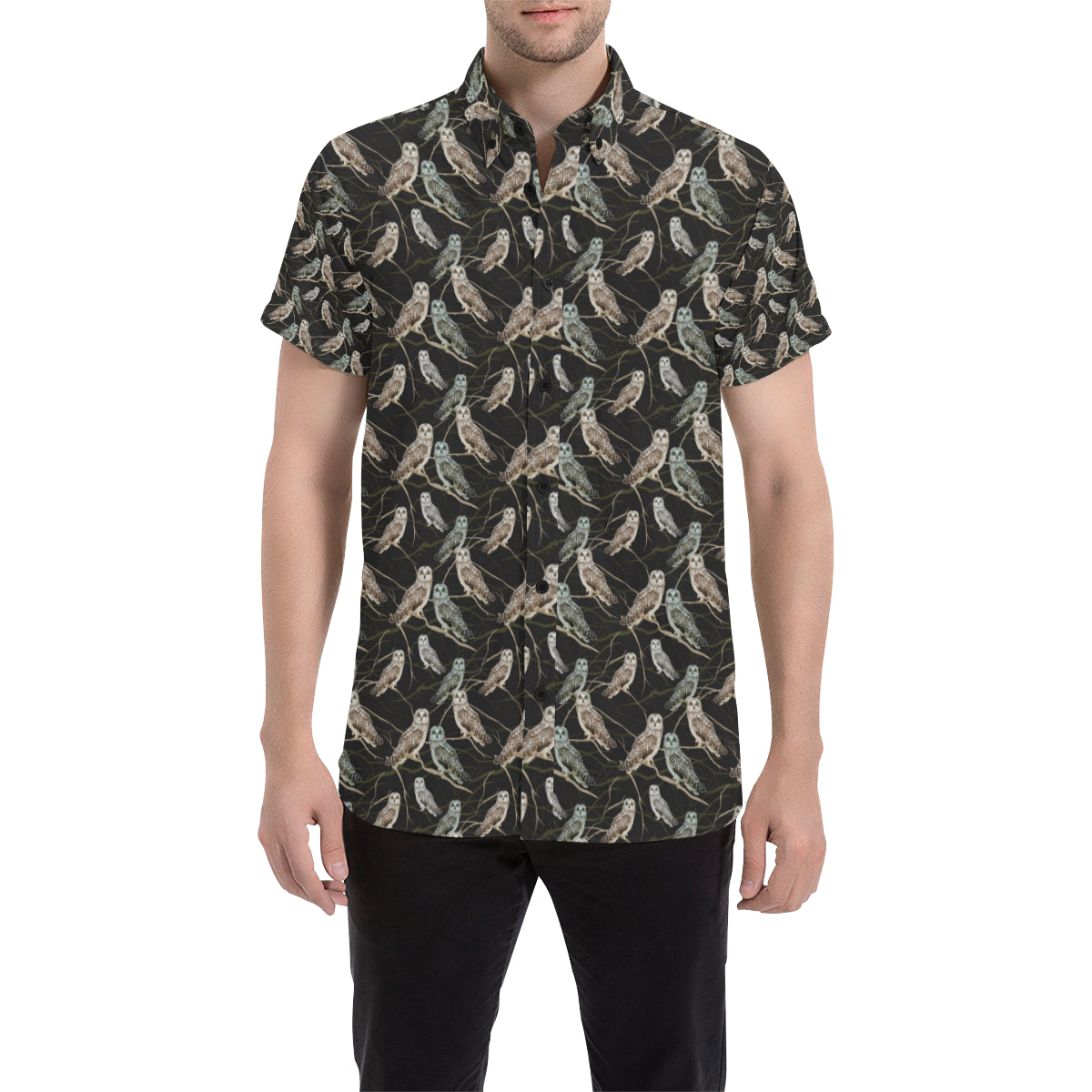 Owl Branch Themed Design Print Men's Short Sleeve Button Up Shirt