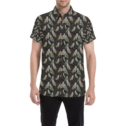 Owl Branch Themed Design Print Men's Short Sleeve Button Up Shirt