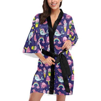Narwhal Cute Pattern Print Design 02 Women's Short Kimono