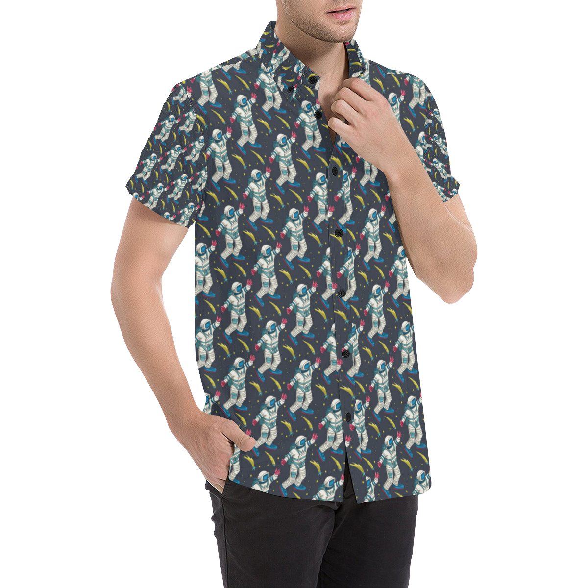 Astronaut Pattern Print Design 04 Men's Short Sleeve Button Up Shirt