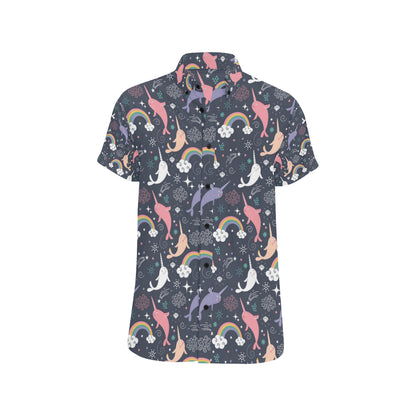 Narwhal Pattern Print Design 01 Men's Short Sleeve Button Up Shirt