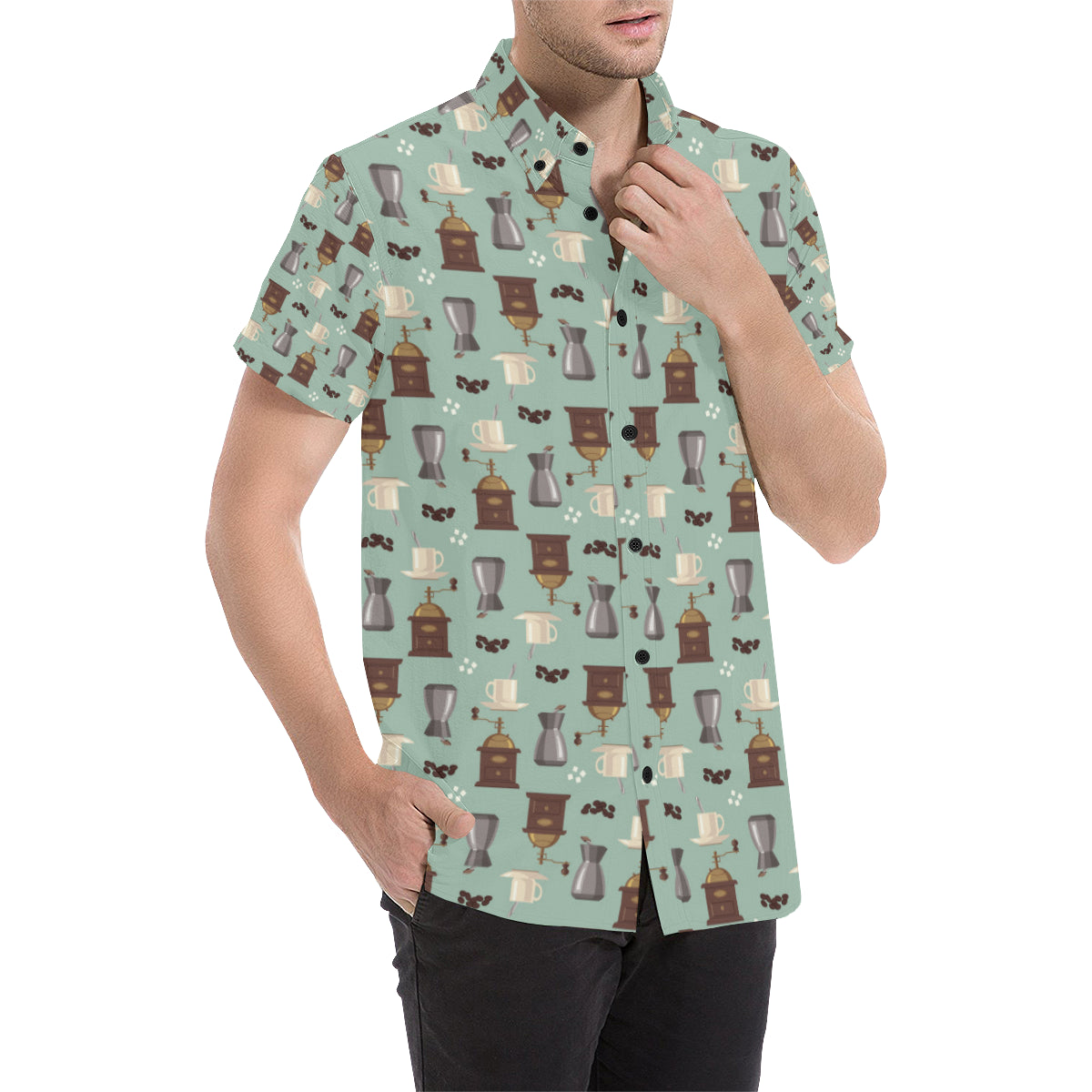 Coffee Pattern Print Design 04 Men's Short Sleeve Button Up Shirt
