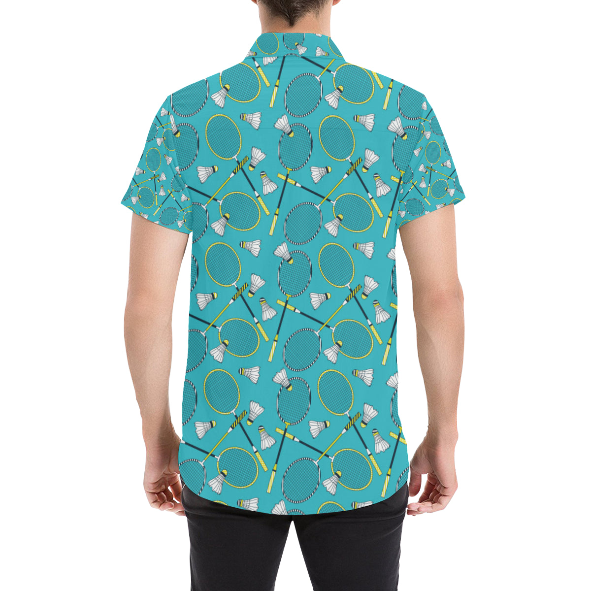 Badminton Pattern Print Design 06 Men's Short Sleeve Button Up Shirt
