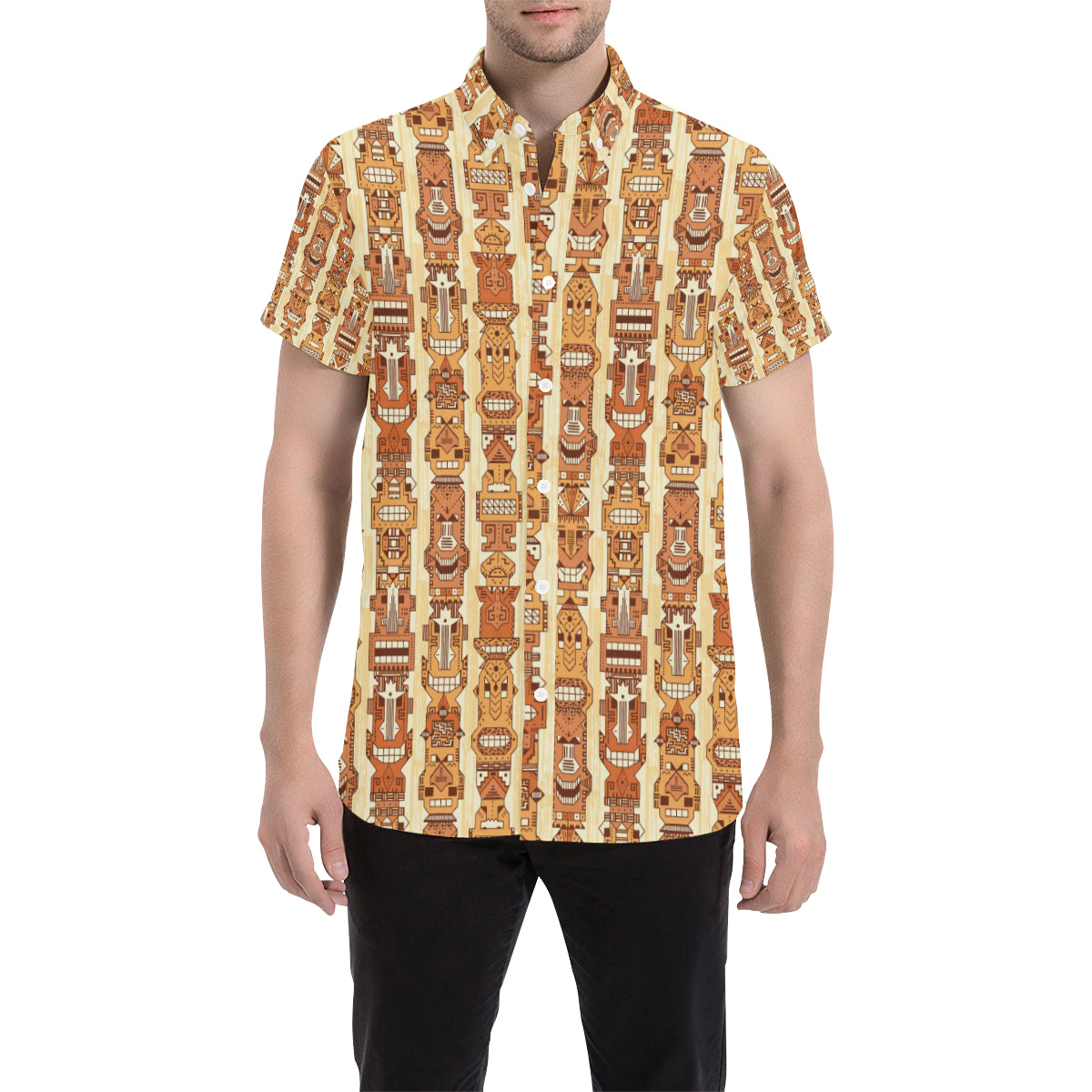 Tiki Orange Vertical Pattern Men's Short Sleeve Button Up Shirt