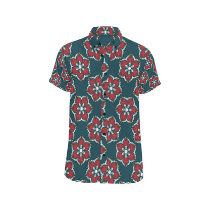 Poinsettia Pattern Print Design A03 Men's Short Sleeve Button Up Shirt