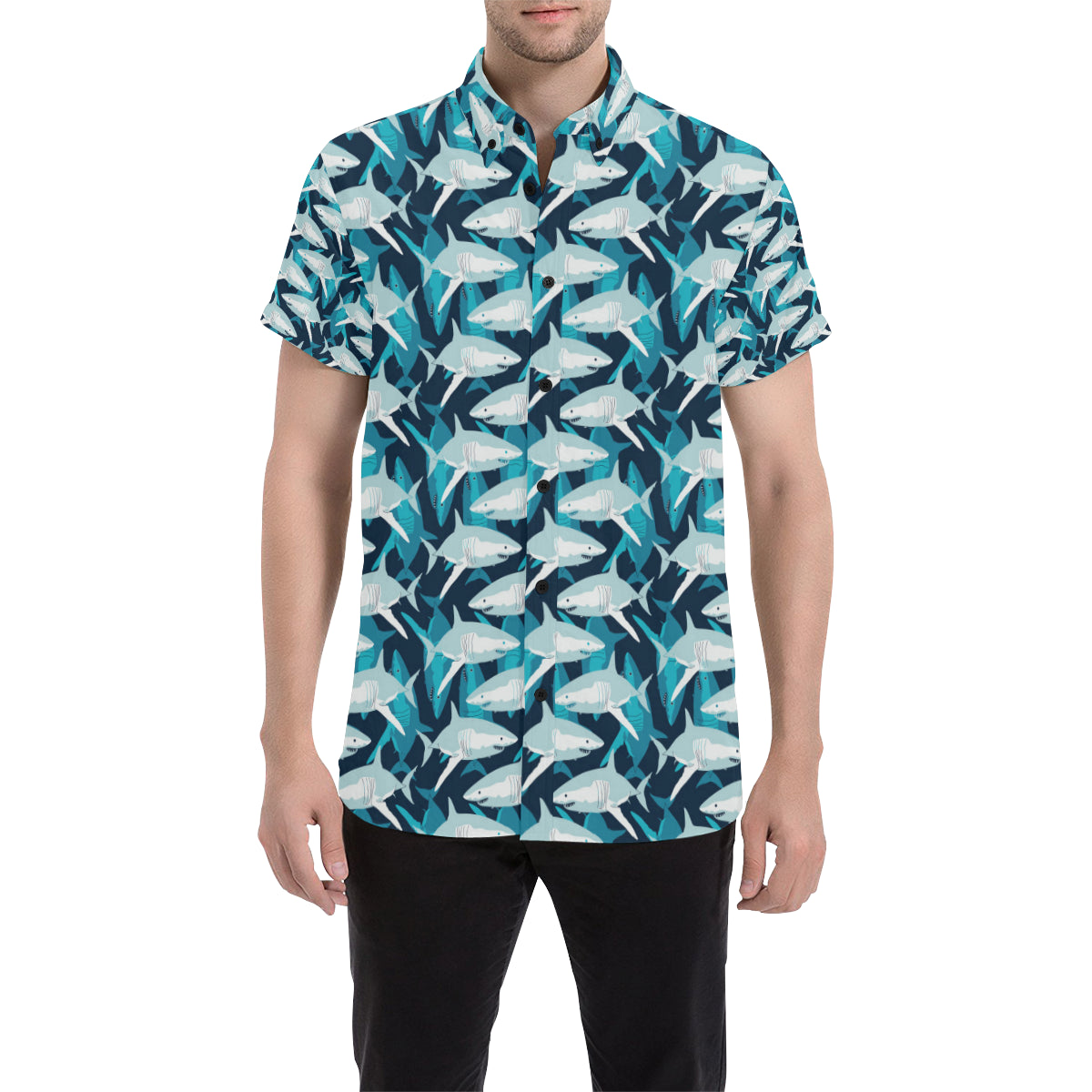 Shark Design Print Men's Short Sleeve Button Up Shirt