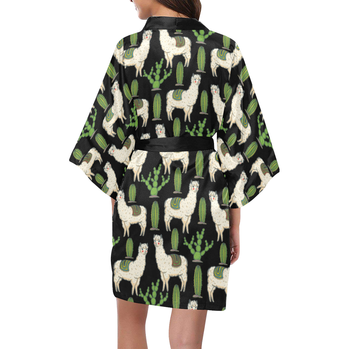 Llama Cactus Pattern Print Design 011 Women's Short Kimono