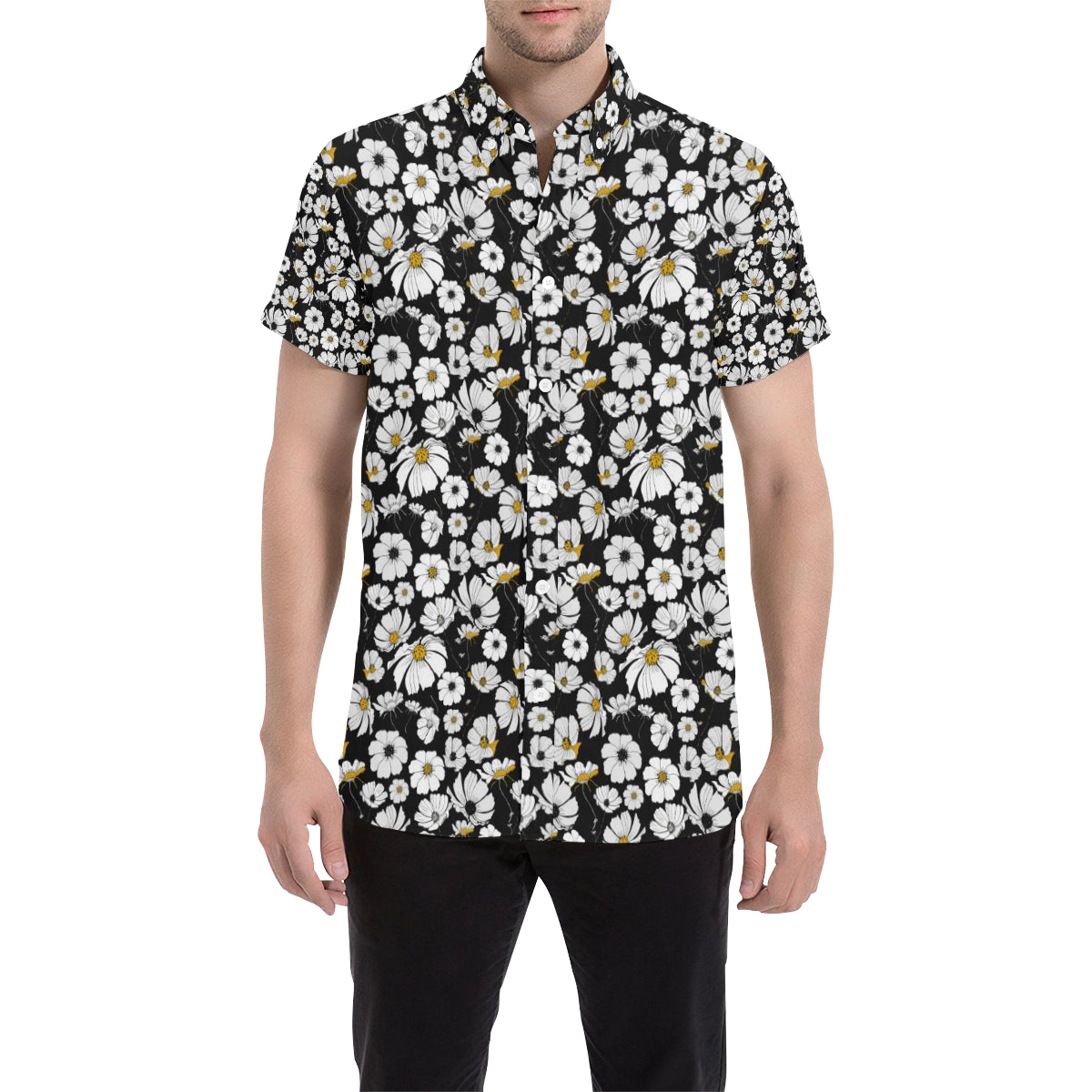 Daisy Pattern Print Design 02 Men's Short Sleeve Button Up Shirt