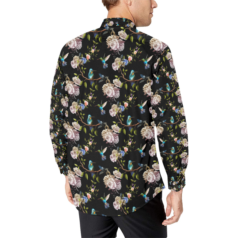Hummingbird Flower Themed Print Men's Long Sleeve Shirt