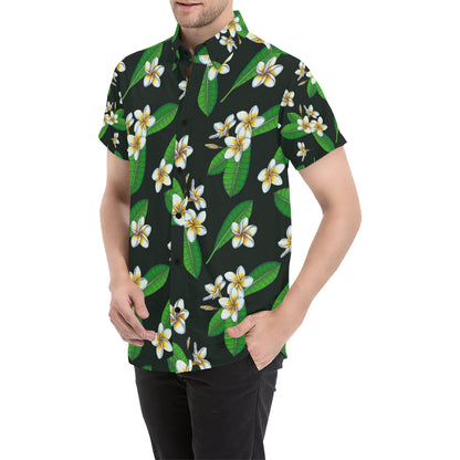 White Plumeria Pattern Print Design PM023 Men's Short Sleeve Button Up Shirt