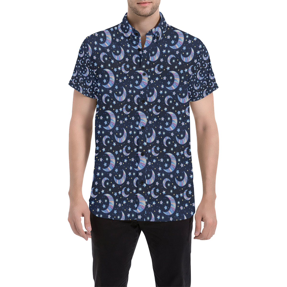 Celestial Moon Pattern Print Design 03 Men's Short Sleeve Button Up Shirt