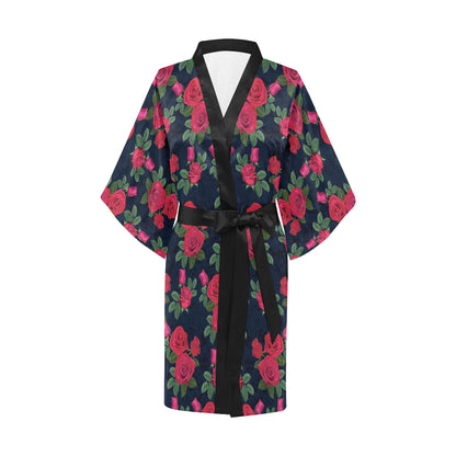 Rose Pattern Print Design A04 Women's Short Kimono