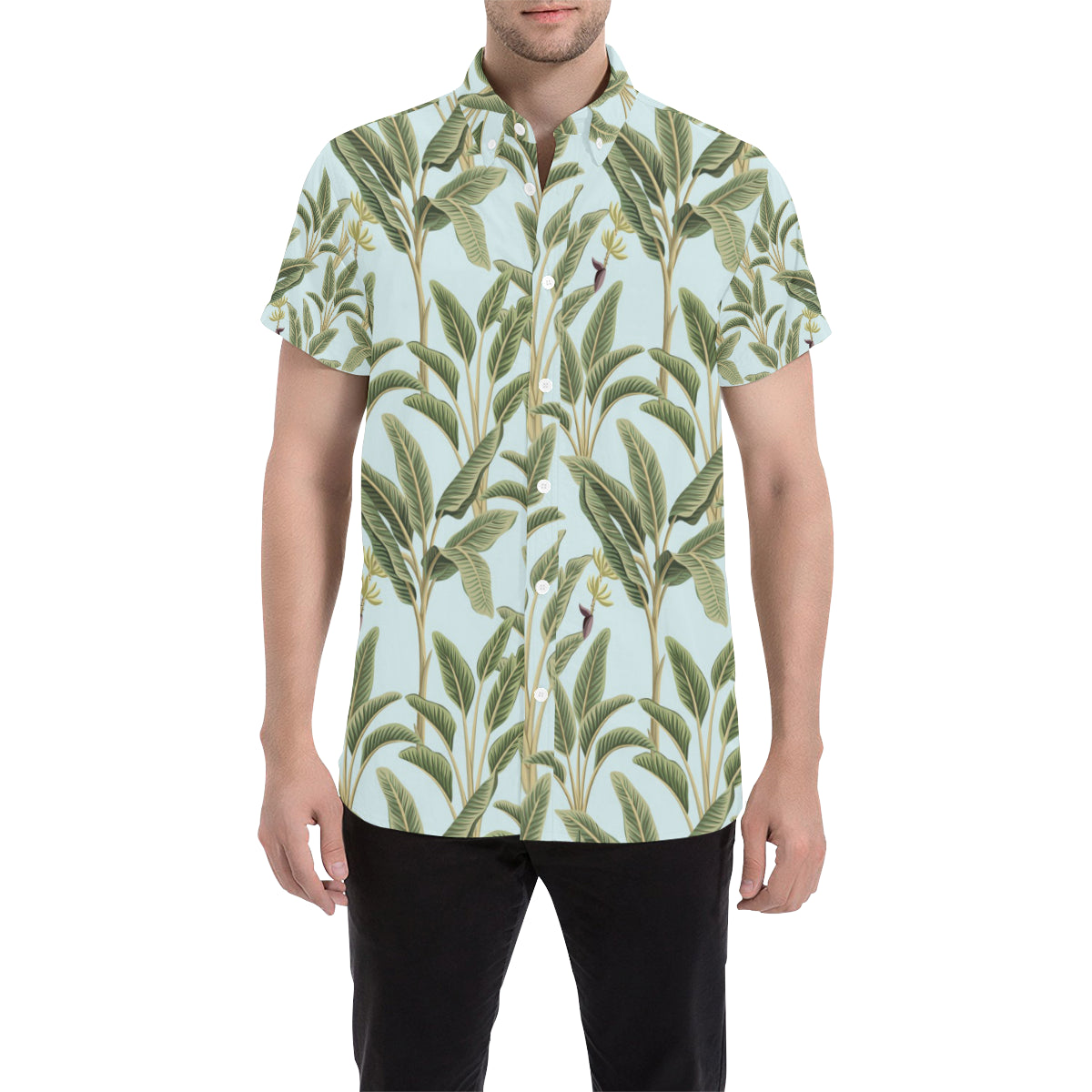 Banana Leaf Pattern Print Design BL03 Men's Short Sleeve Button Up Shirt