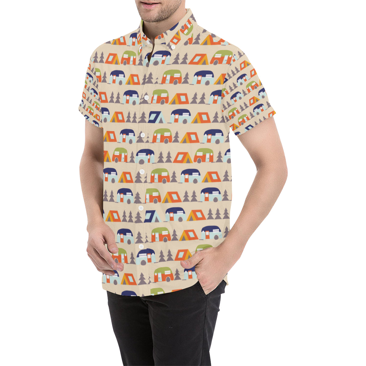 Camper Tent Pattern Print Design 03 Men's Short Sleeve Button Up Shirt