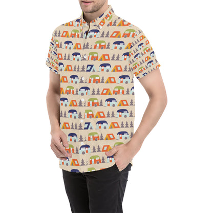 Camper Tent Pattern Print Design 03 Men's Short Sleeve Button Up Shirt