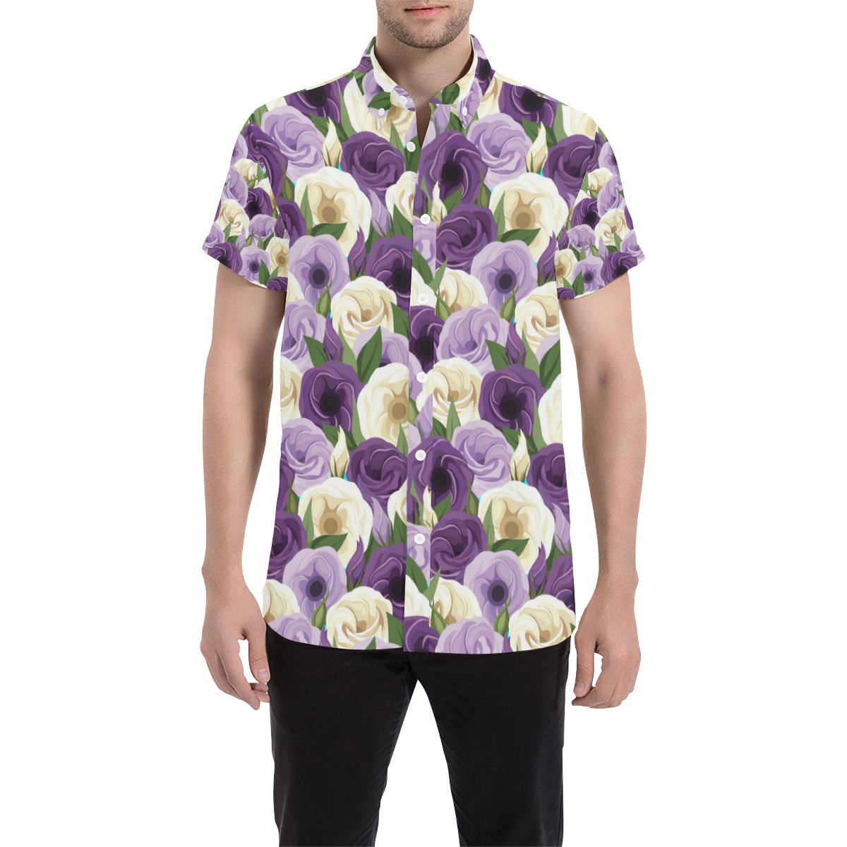 Lisianthus Pattern Print Design LT01 Men's Short Sleeve Button Up Shirt