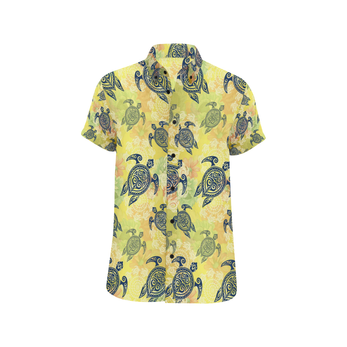 Hawaiian Turtle Tribal Design Print Men's Short Sleeve Button Up Shirt