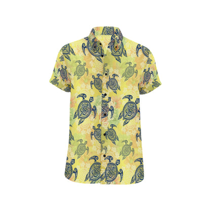 Hawaiian Turtle Tribal Design Print Men's Short Sleeve Button Up Shirt