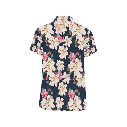 Lily Pattern Print Design LY04 Men's Short Sleeve Button Up Shirt