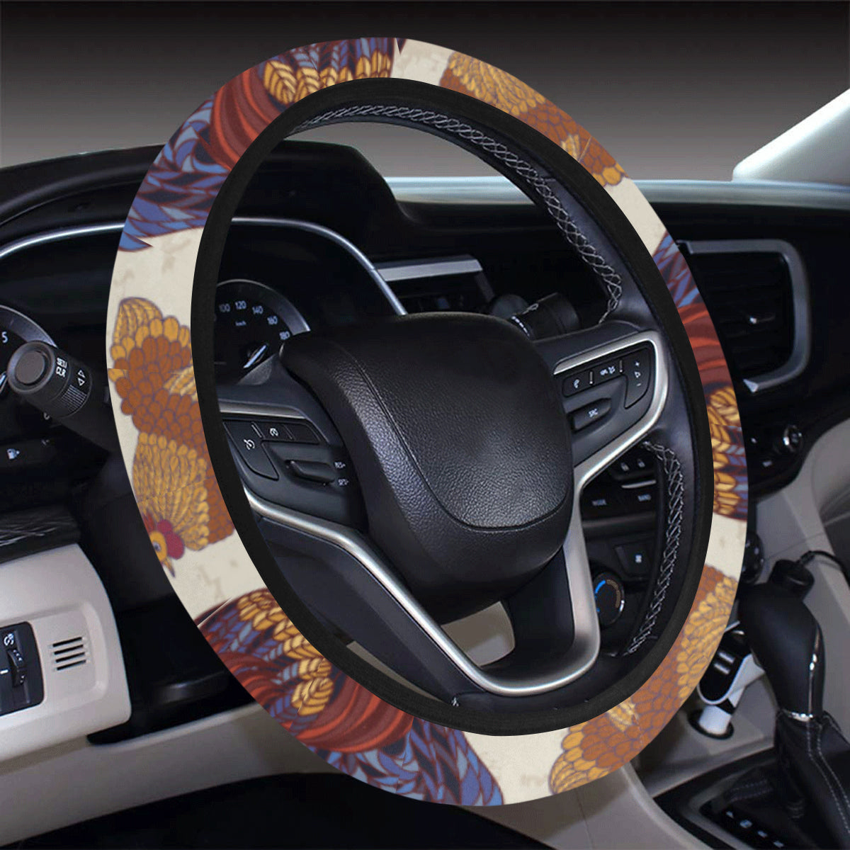 Rooster Pattern Print Design A03 Steering Wheel Cover with Elastic Edge