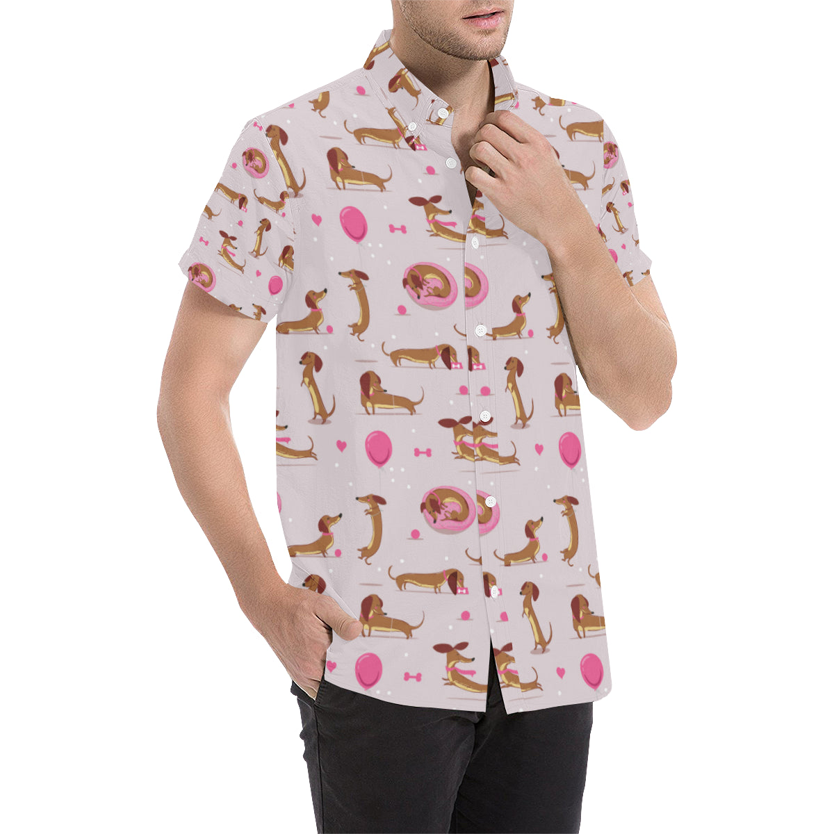 Dachshund Pattern Print Design 10 Men's Short Sleeve Button Up Shirt