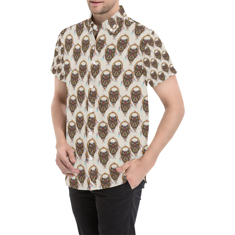 Wolf Tribal Dream Catcher Design Print Men's Short Sleeve Button Up Shirt