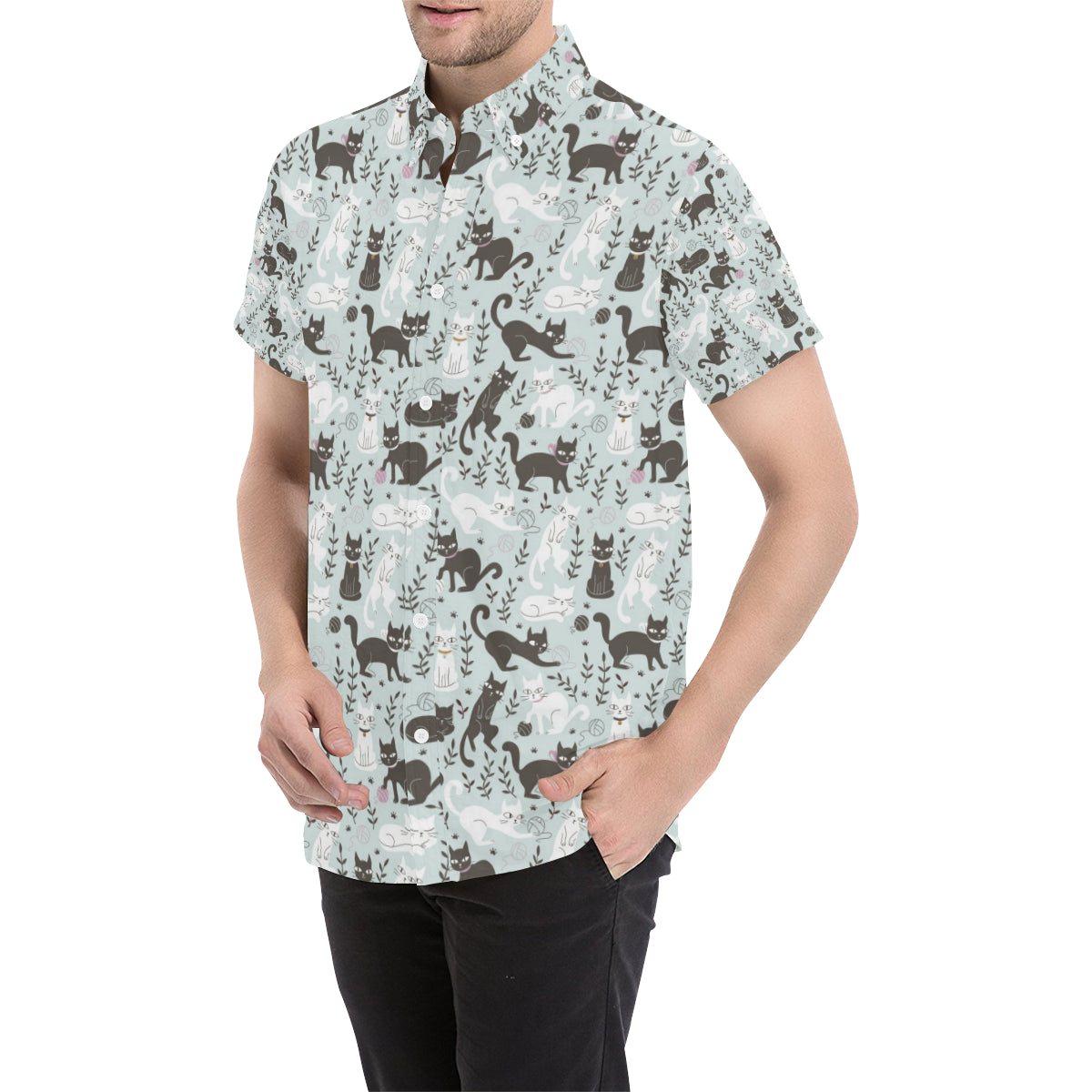 Cat Pattern Print Design 08 Men's Short Sleeve Button Up Shirt