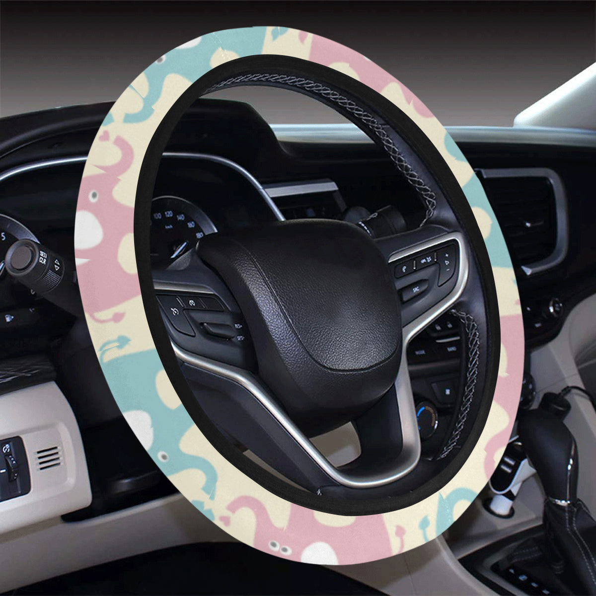 Elephant Baby Pastel Print Pattern Steering Wheel Cover with Elastic Edge