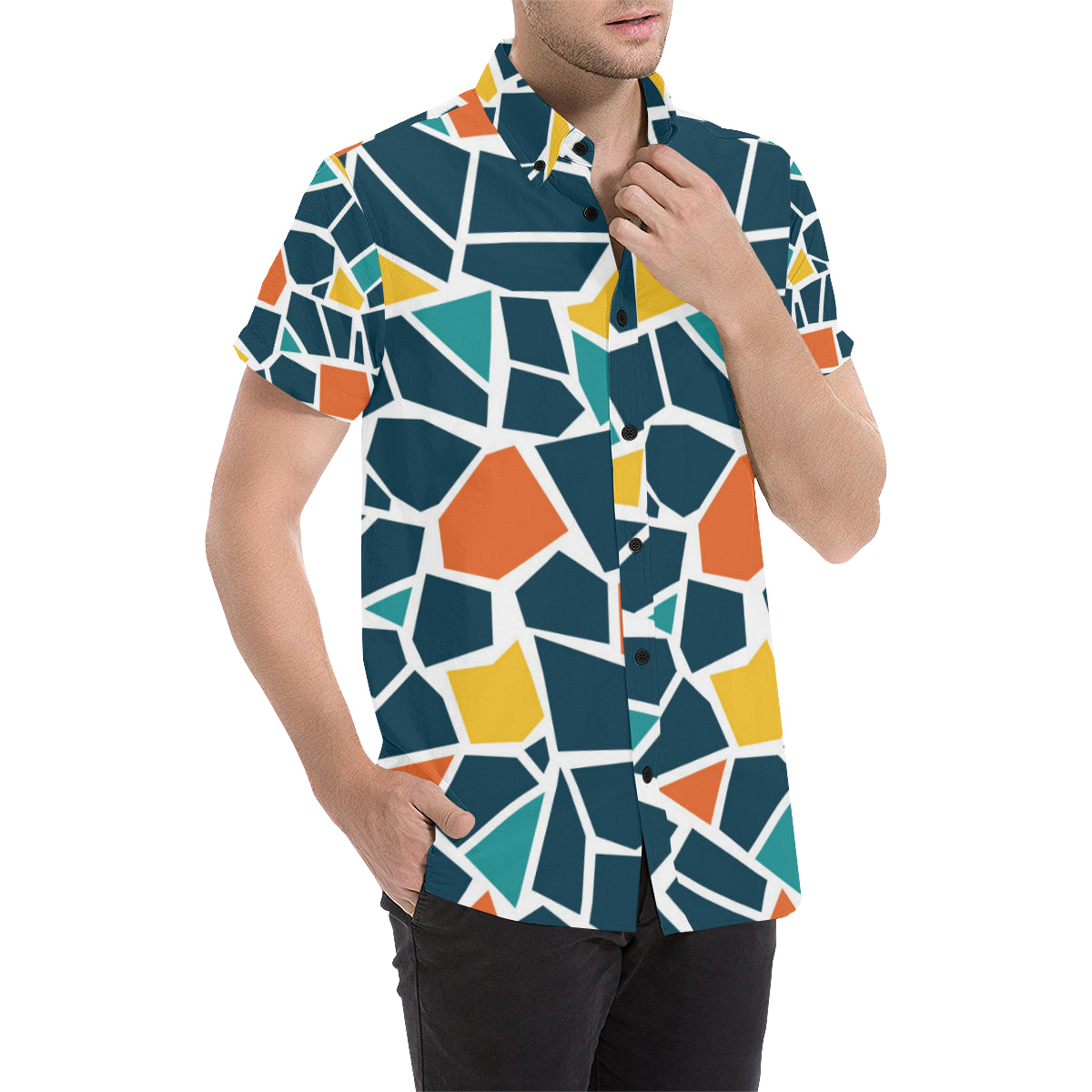 Mosaic Pattern Print Design 02 Men's Short Sleeve Button Up Shirt