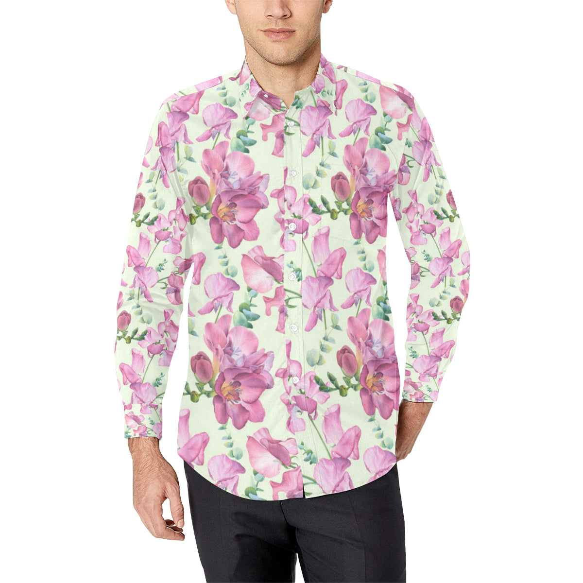 Peony Pattern Print Design PE011 Men's Long Sleeve Shirt